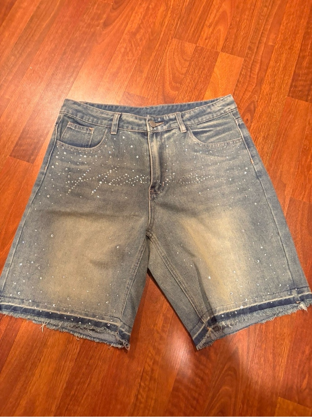 Denim Jean Bermuda Shorts with Subtle Rhinestone Accents